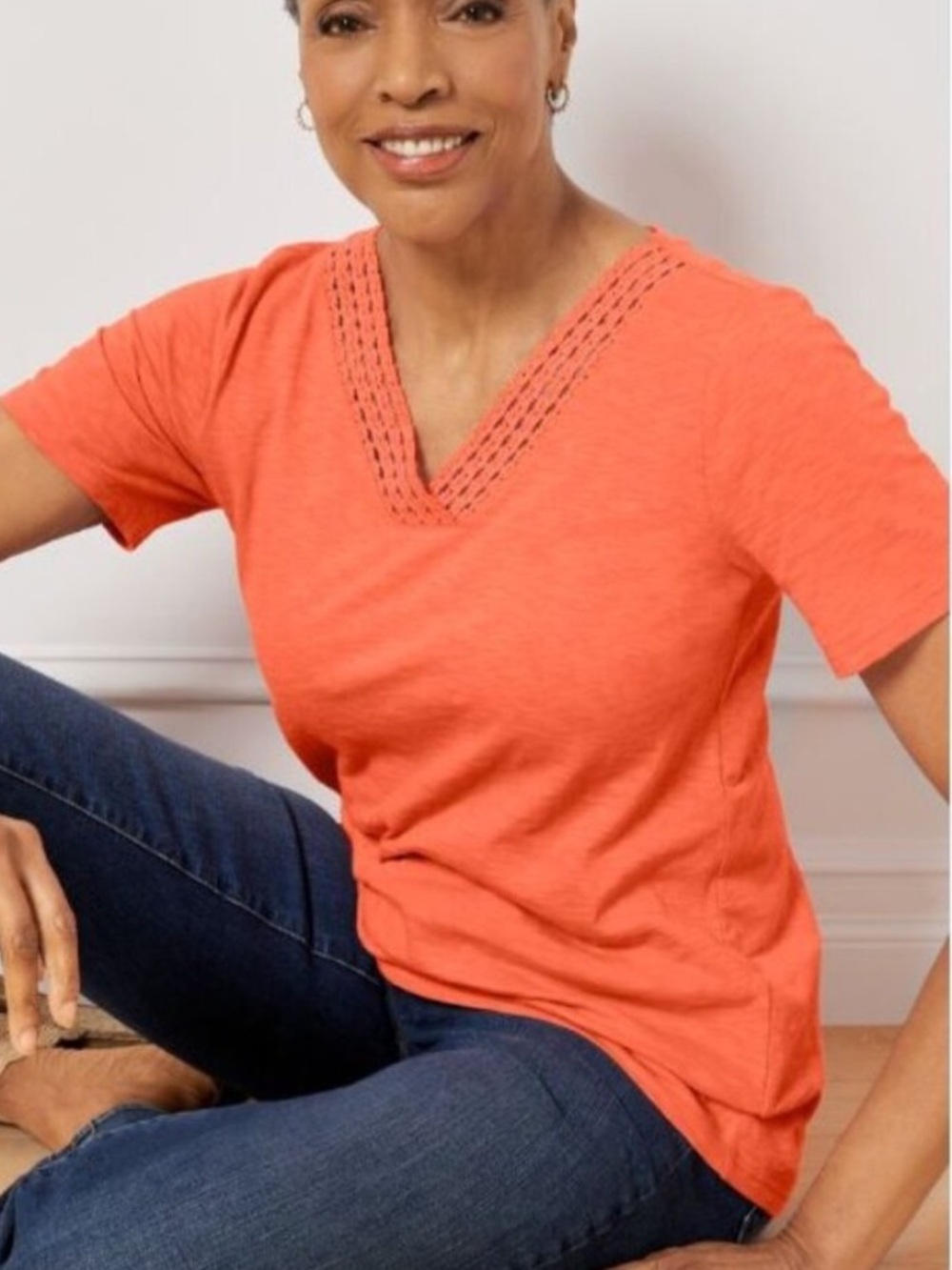 Talbots Women Plus Sz 2X Orange Cotton Short Sleeve Crochet Trim V-Neck Tee